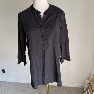 UNIQLO Women's Black 3/4 Sleeve‎ Button Down Tunic Top Mandarin Collar Medium